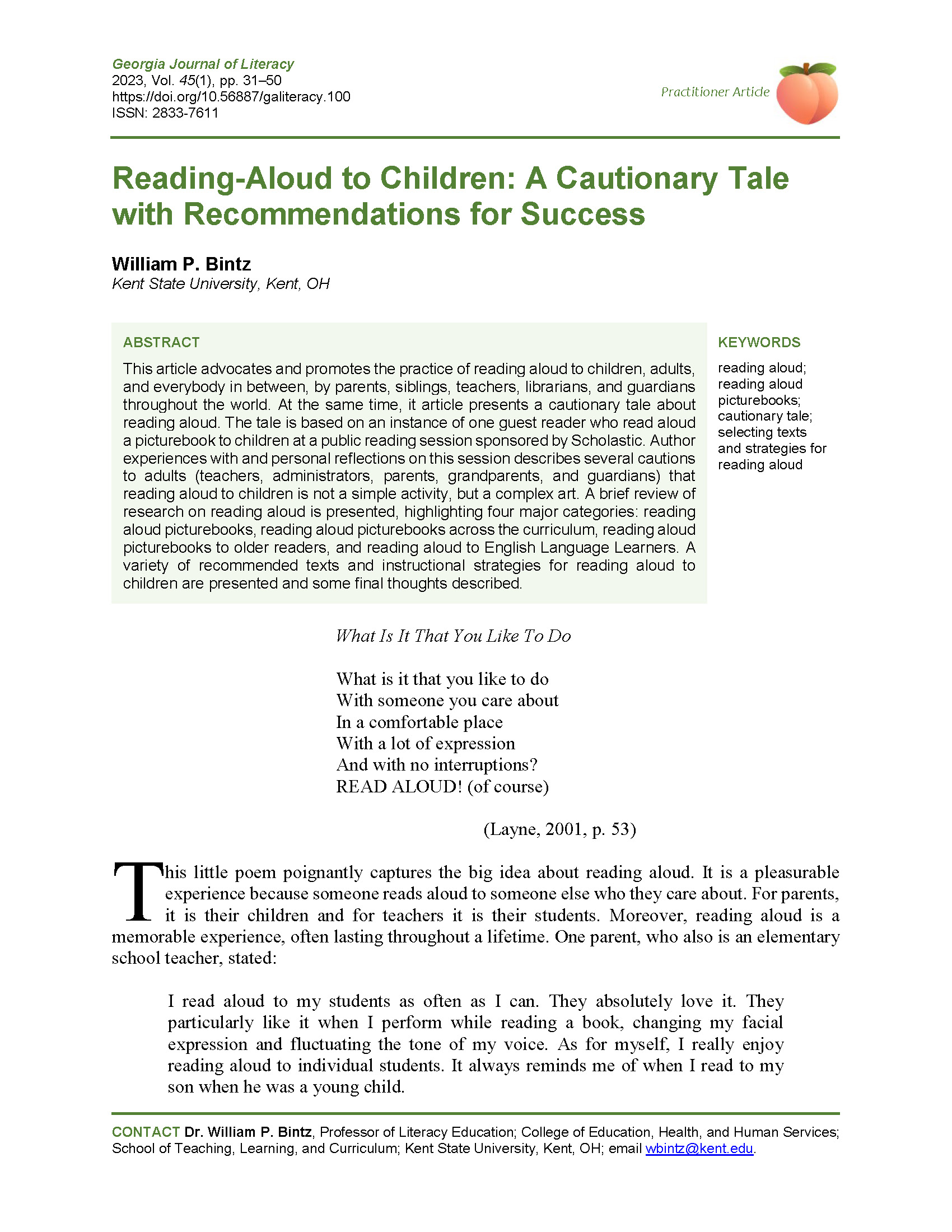 Reading-Aloud to Children (Bintz, 2023)