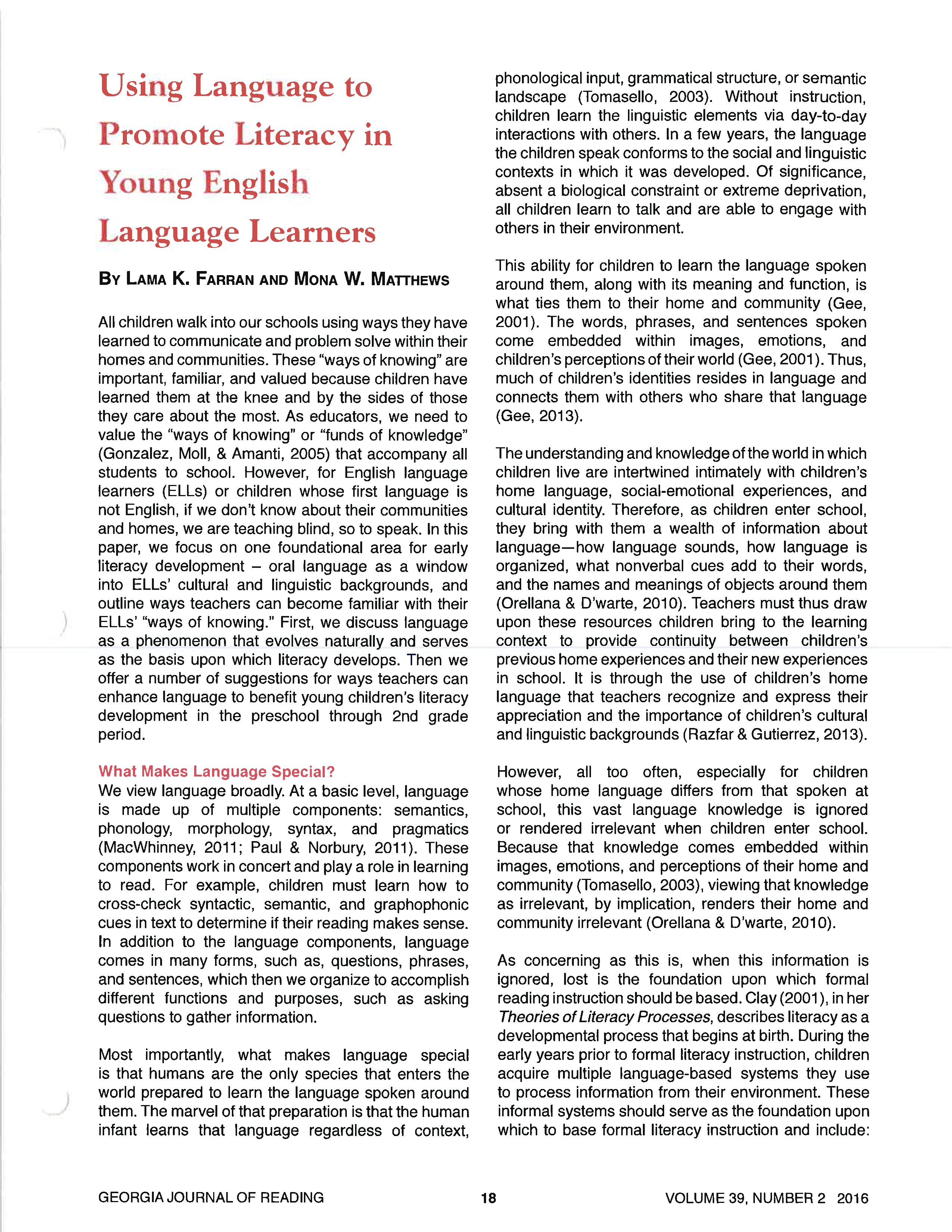 Using Language to Promote Literacy in Young English Language Learners