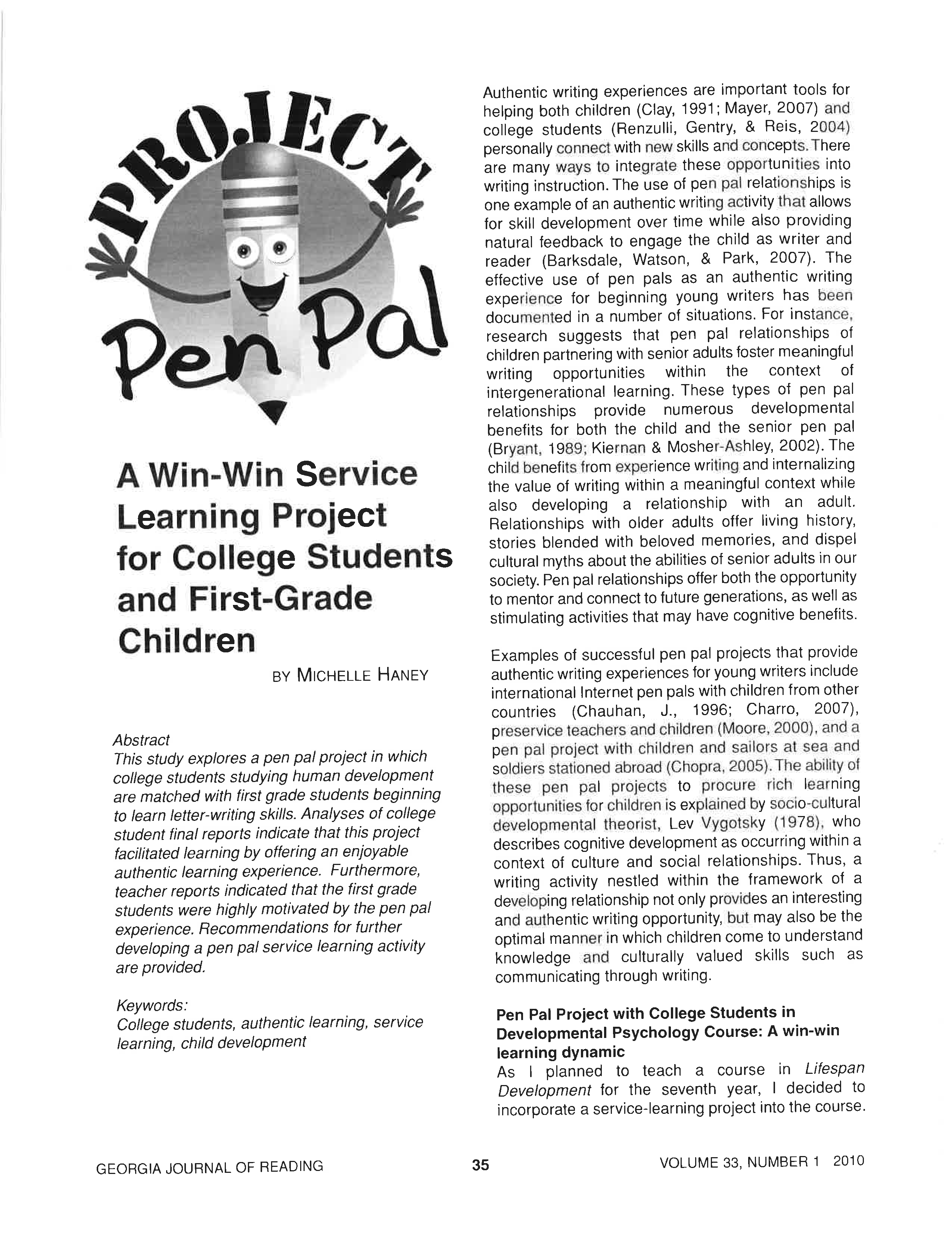 Project Pen Pal A Win-Win Service Learning Project for College Students and First-Grade Children